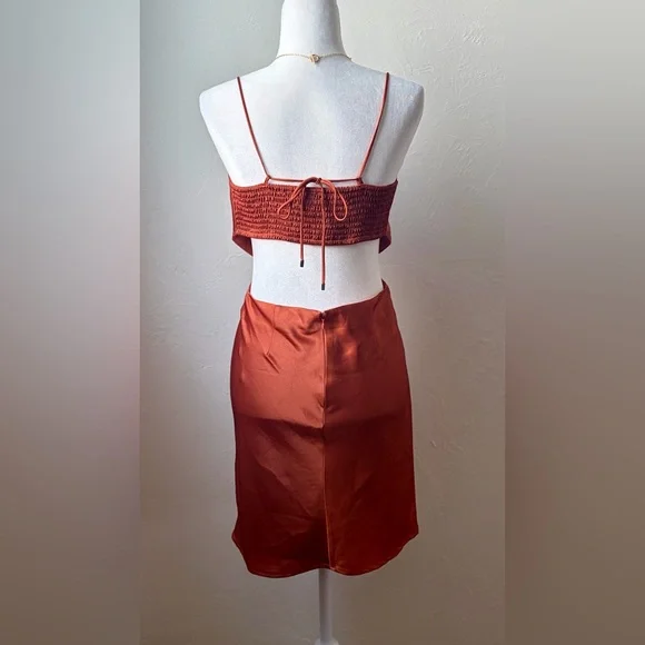 Satin Burnt Orange Cowl Neck Mini Dress Open Back Slip Date Night ACOA M - Picture 6 of 10